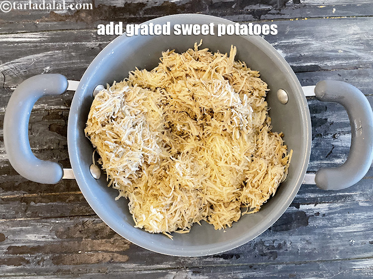 Step 13 – Add&nbsp;<meta charset="UTF-8" />3 cups&nbsp;peeled and&nbsp;<a href="glossary-grated-sweet-potato-1162i">grated sweet potatoes</a>. <strong>See above on how to peel and …