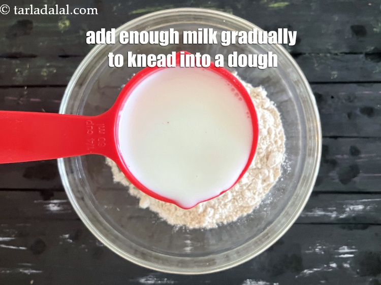 Step 8 – Add enough&nbsp;milk <strong>gradually</strong>&nbsp;to knead into a stiff dough. We added 1/2 cup milk and then …