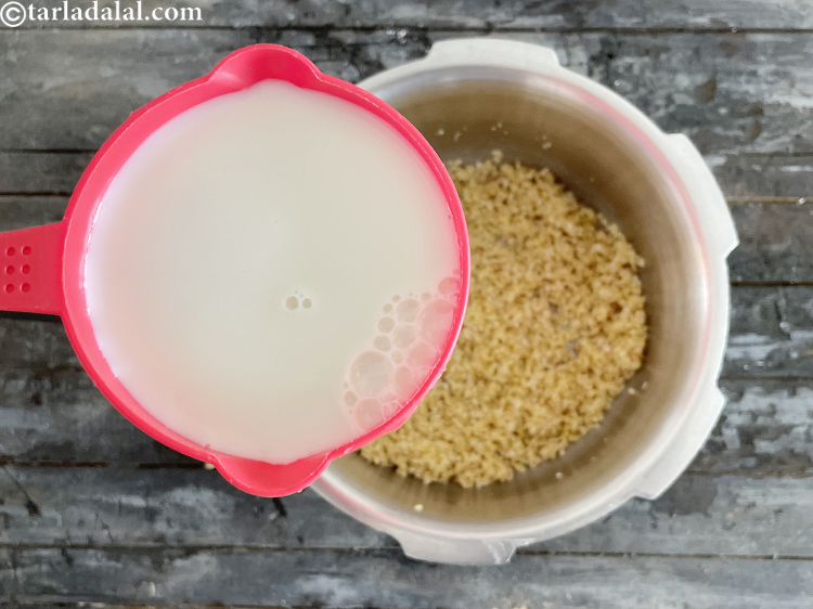 Step 26 – Add&nbsp;<meta charset="UTF-8" />2 cups&nbsp;<a href="glossary-low-fat-milk-low-cal-milk-skim-milk-toned-milk-516i">low-fat milk</a>&nbsp;, 99.7% fat-free or unsweetened almond milk.