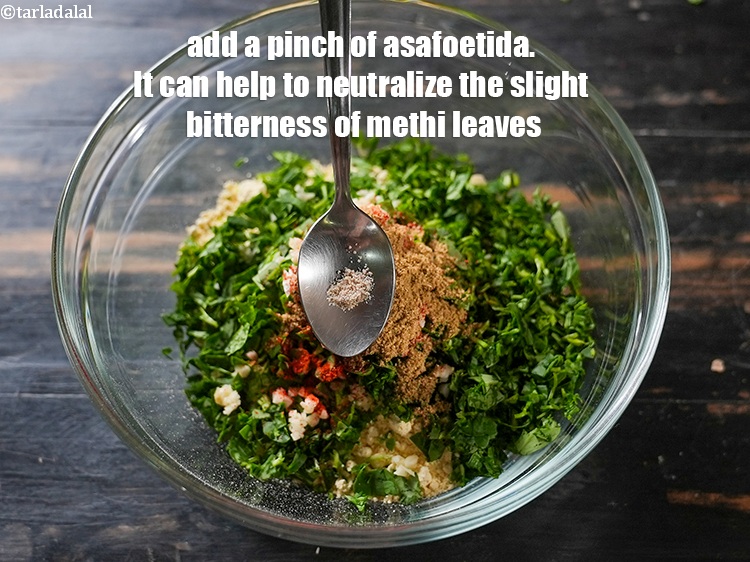 Step 8 – Add a pinch of <a href="https://www.tarladalal.com/glossary-asafoetida-hing-113i">asafoetida (hing)</a>. It can help to neutralize the slight bitterness …