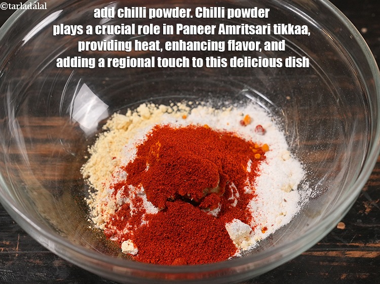 Step 8 – Add &frac12; tbsp <a href="https://www.tarladalal.com/glossary-chilli-powder-red-chilli-powder-339i">chilli powder</a>. Chilli powder plays a crucial role in Paneer Amritsari …