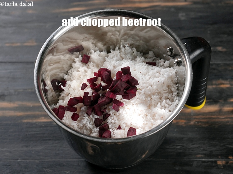 Step 8 – Add &frac12; tbsp <a href="https://www.tarladalal.com/glossary-chopped-beetroot-802i">chopped beetroot</a>.