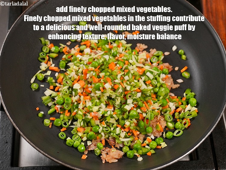 Step 8 – Add 1 cup finely <a href="https://www.tarladalal.com/glossary-chopped-mixed-vegetables-782i">chopped mixed vegetables</a>. Finely chopped mixed vegetables in the stuffing …