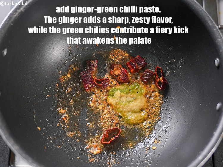 Step 8 – Add &frac12; tbsp <a href="https://www.tarladalal.com/glossary-ginger-green-chilli-paste-adrak-mirch-ki-paste-adrak-mirchi-paste-139i">ginger-green chilli paste</a>. The ginger adds a sharp, zesty flavor, while …