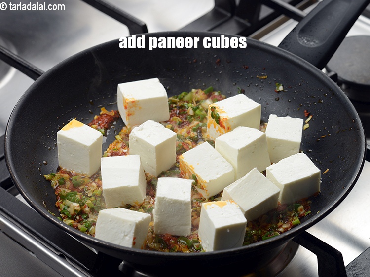 Step 8 – Add 1 &frac14; cup <a href="https://www.tarladalal.com/glossary-paneer-cubes-cottage-cheese-cubes-1002i">paneer (cottage cheese) cubes</a>.