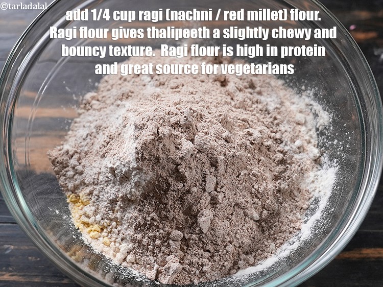 Step 37 – <meta charset="UTF-8" /> Add 1/4 cup&nbsp;<a href="https://www.tarladalal.com/glossary-ragi-flour-nachni-flour-nachni-ka-atta-red-millet-flour-1115i">ragi (nachni / red millet) flour</a>.&nbsp;Ragi flour gives thalipeeth …