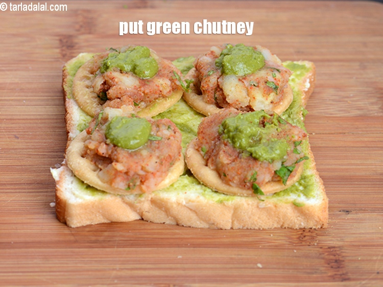 Step 9 – Put 1/8 tsp <a href="https://www.tarladalal.com/green-chutney-22266r">green chutney</a>.