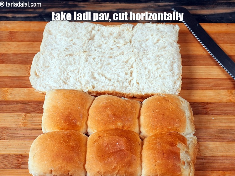 Step 11 – To make <strong>aloo tikki slider</strong>, take a ladi pav (6 pieces), cut it horizontally into …