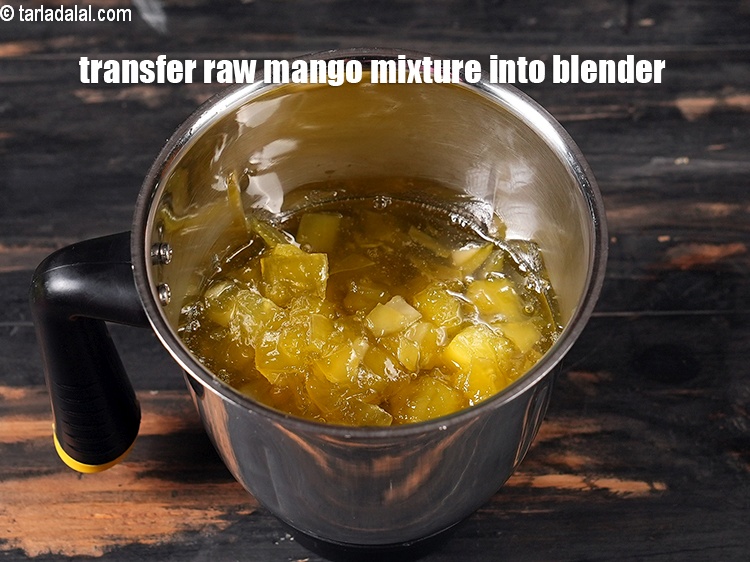 Step 8 – Transfer the raw mango mixture into the blender.