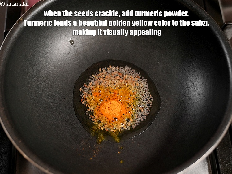 Step 8 – When the seeds crackle, add 1/4 tsp&nbsp;<a href="https://www.tarladalal.com/glossary-turmeric-powder-haldi-645i">turmeric powder (haldi)</a>.&nbsp;Turmeric lends a beautiful golden yellow …