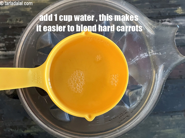 Step 11 – <html><head></head><body><p>Add&nbsp;1 cup&nbsp;water. This makes it easier to blend the hard carrots.</p></body></html>