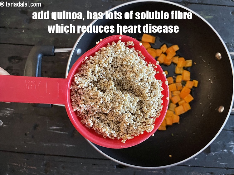 Step 13 – Add&nbsp;<meta charset="UTF-8" />1 1/2&nbsp;cups&nbsp;<a href="glossary-quinoa-2395i">quinoa</a>&nbsp;, washed and drained.&nbsp;Quinoa&nbsp; <a href="https://www.tarladalal.com/recipes-for-Low-Cholesterol--380">lowers cholesterol</a>&nbsp;and <a href="https://www.tarladalal.com/recipes-for-Healthy-Heart-377">reduces heart diseases</a>. …