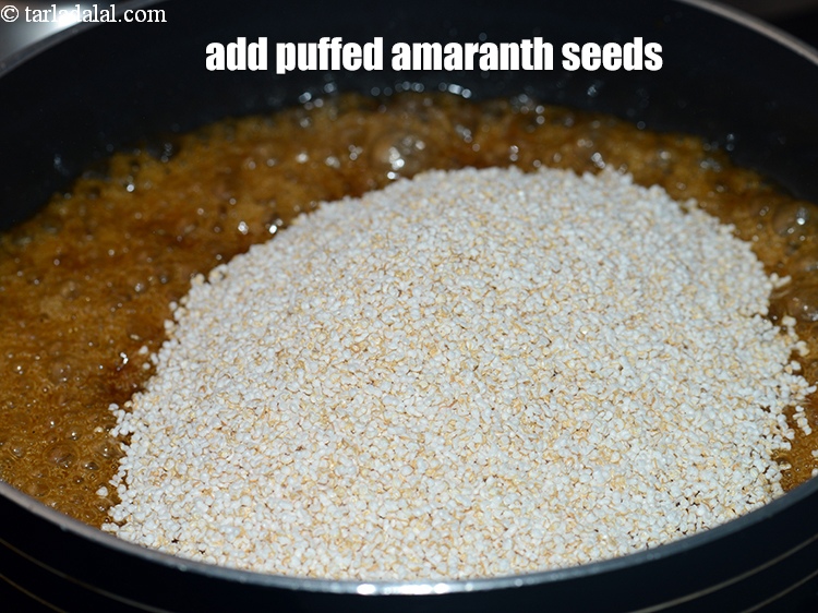 Step 10 – Add 1 &frac12; cup&nbsp;<a href="https://www.tarladalal.com/glossary-puffed-amaranth-seeds-puffed-rajgira-rajgira-seeds-2707i">puffed amaranth (rajgira) seeds</a>.
