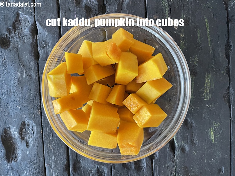 Step 8 – Cut kaddu into cubes.&nbsp;
