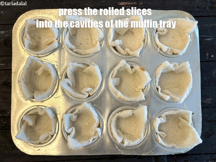 Step 9 – Press the rolled slices into the cavities of a muffin tray.