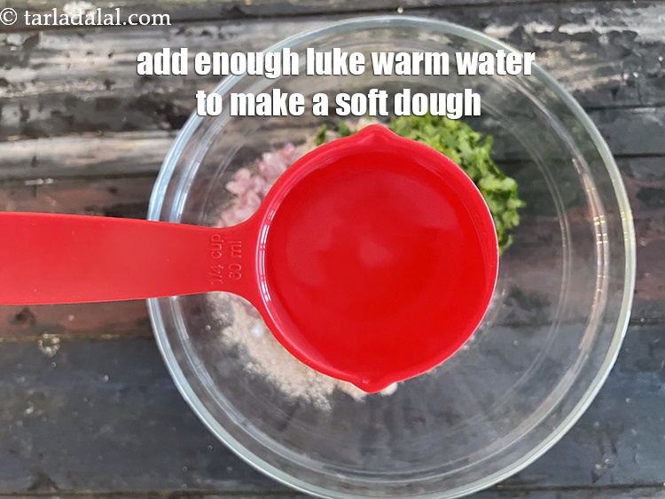 Step 10 – Add enough&nbsp;lukewarm water to make a soft dough. We added 1/2&nbsp;cup water.