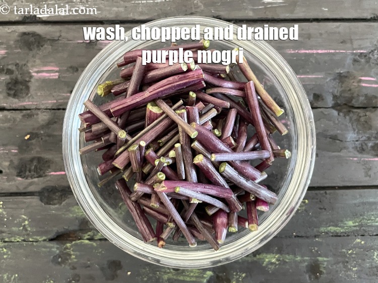 Step 8 – Put in a bowl. This is how you wash, chop and drain purple mogri.