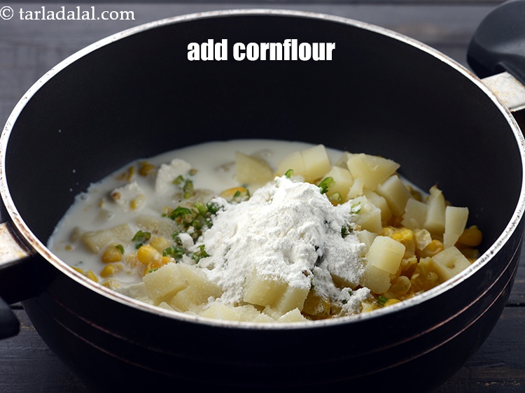 Step 8 – Add 2 tsp <a href="https://www.tarladalal.com/glossary-cornflour-cornstarch-maize-starch-corn-flour-112i">cornflour</a>. For saucy consistency.