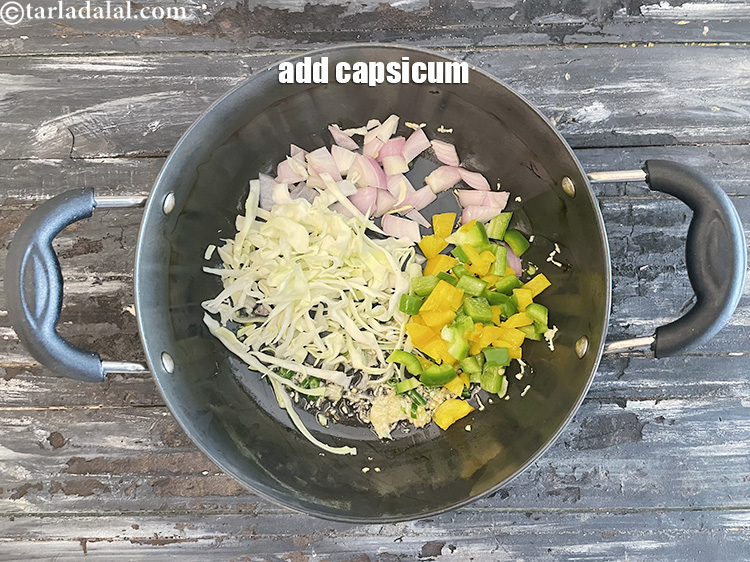 Step 20 – Add&nbsp;<meta charset="UTF-8" />3/4 cup&nbsp;finely&nbsp;<a href="glossary-capsicum-shimla-mirch-bell-pepper-163i">chopped capsicum (red , yellow and green)</a>. You can chop into …