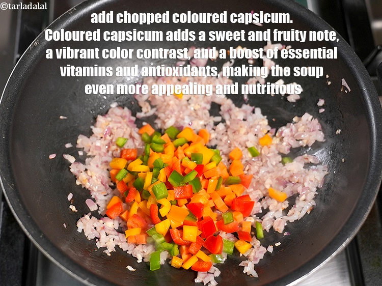Step 9 – Add &frac14; cup <a href="https://www.tarladalal.com/glossary-chopped-coloured-capsicum-2800i">chopped coloured capsicum</a>. Coloured capsicum adds a sweet and fruity note, …