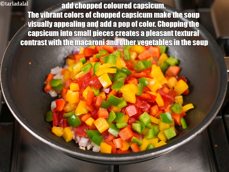 Step 9 – Add 1 cup <a href="https://www.tarladalal.com/glossary-chopped-coloured-capsicum-2800i">chopped coloured capsicum</a>. The vibrant colors of chopped capsicum make the …