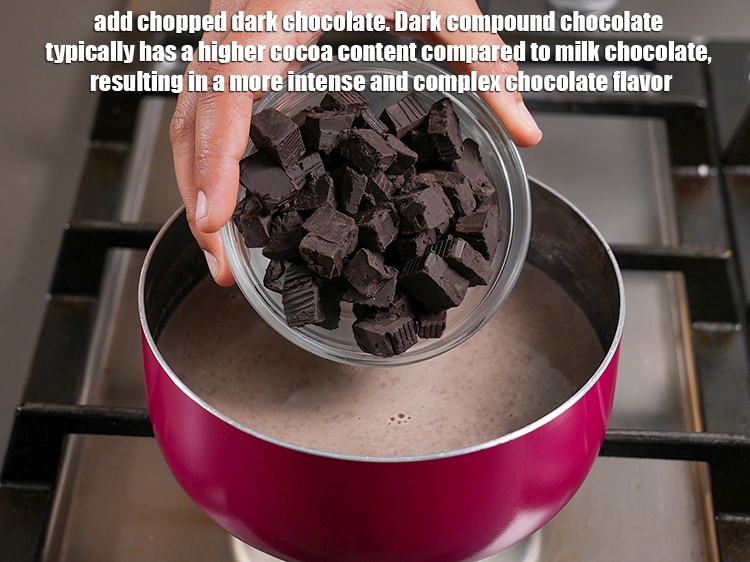 Step 9 – Add &frac12; cup chopped <a href="https://www.tarladalal.com/glossary-dark-chocolate-plain-chocolate-324i">dark chocolate</a>. Dark compound chocolate typically has a higher cocoa …