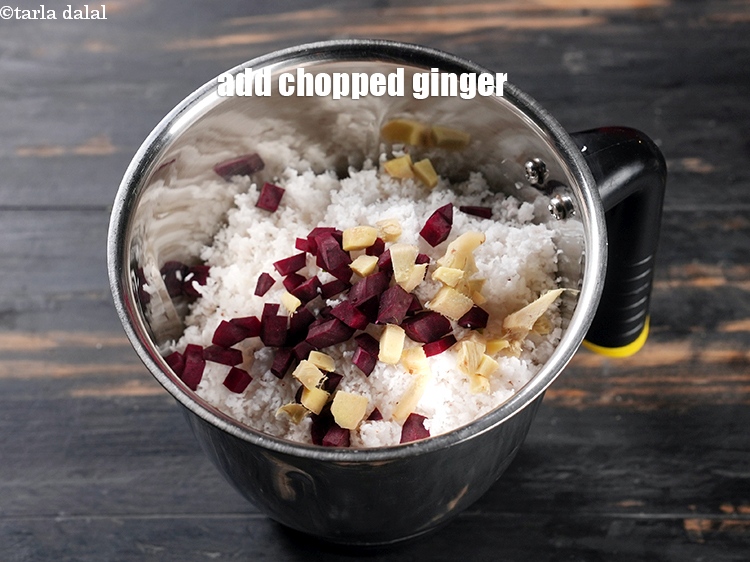 Step 9 – Add &frac12; tbsp <a href="https://www.tarladalal.com/glossary-chopped-ginger-786i">chopped ginger (adrak)</a>.