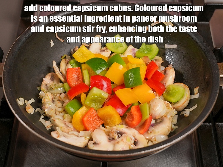 Step 9 – Add 1&frac12; cups <a href="https://www.tarladalal.com/glossary-coloured-capsicum-cubes-2799i">coloured capsicum cubes</a>. Coloured capsicum is an essential ingredient in paneer …