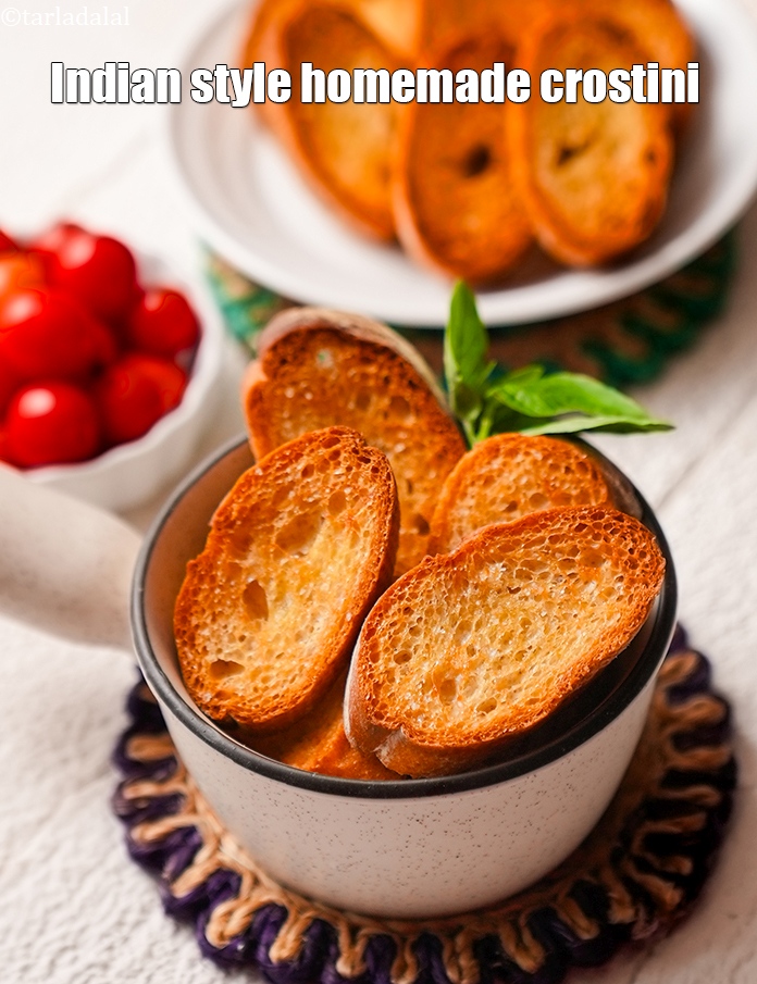 Step 9 – Serve <strong>how to make a basic crostini recipe&nbsp;|&nbsp;Indian style homemade crostini in 10 minutes&nbsp;|&nbsp;French baguette …