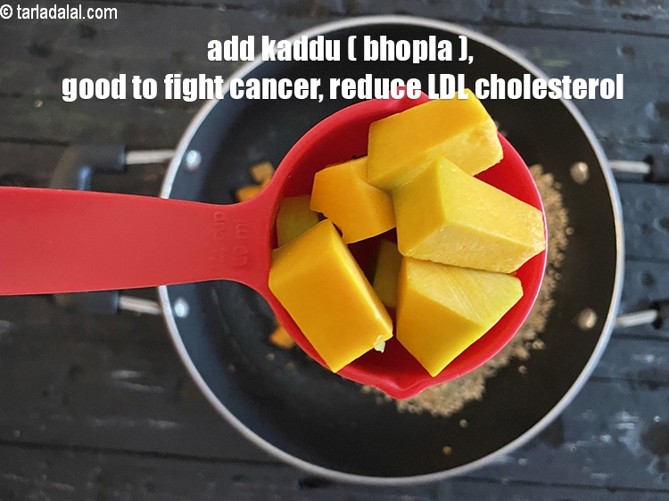 Step 14 – Add&nbsp;<meta charset="UTF-8" />1/4&nbsp;cup&nbsp;<a href="glossary-chopped-red-pumpkin-809i">chopped red pumpkin (bhopla / kaddu)</a>.&nbsp;Kaddu &nbsp;can be included in safe amounts …