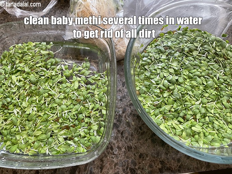 Step 9 – We need to clean the baby methi 2 to 3 times in water.