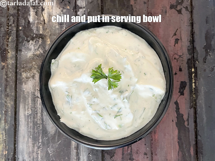 Step 13 – Chill and put in a serving bowl.&nbsp;Garnish <strong>parsley yoghurt dip | parsley dip | healthy&nbsp;Indian …