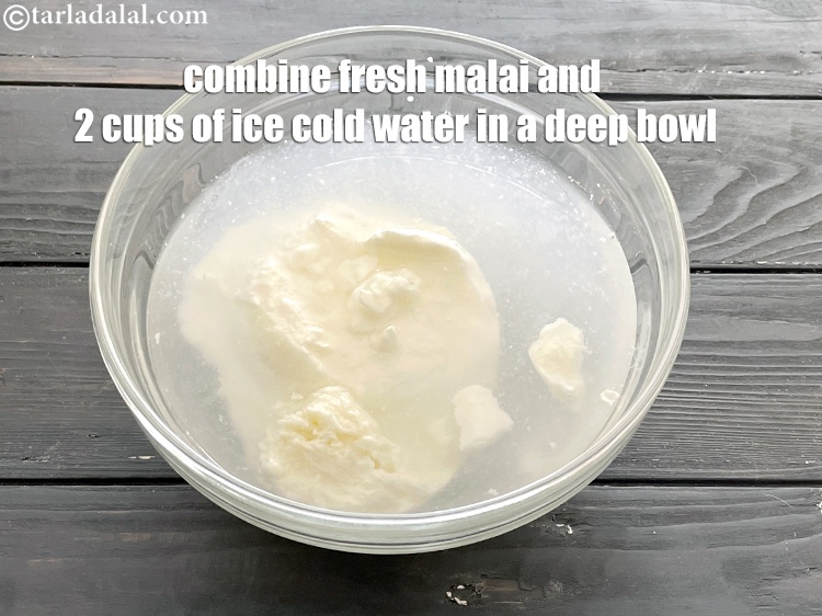 Step 7 – Then to make <strong>safed makhan</strong>, combine the fresh malai and 2 cups of ice cold …
