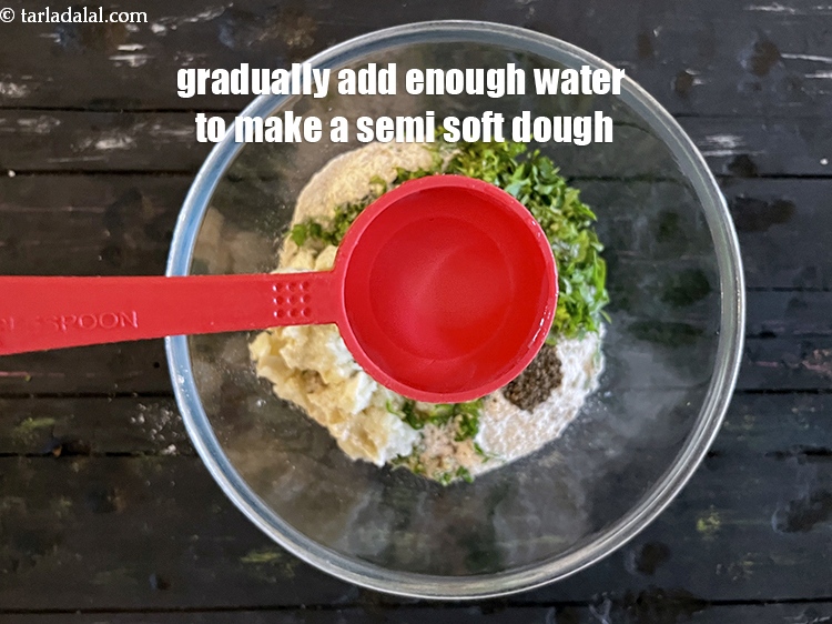 Step 9 – Gradually add enough water to make a&nbsp;semi-soft dough. We added 4 tablespoons and then added …