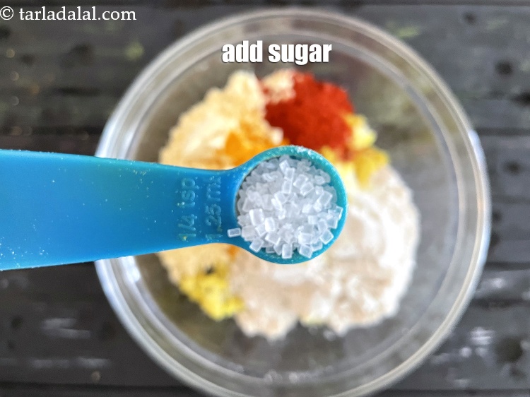 Step 10 – Add&nbsp;<meta charset="UTF-8" />1/4 tsp&nbsp;<a href="glossary-sugar-chini-shakkar-278i">sugar</a>. Increase sugar if you want your paratha a bit sweeter.