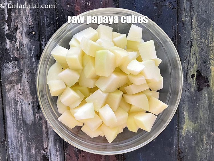 Step 9 – <strong>Raw papaya cubes </strong>to be used in sabzis.
