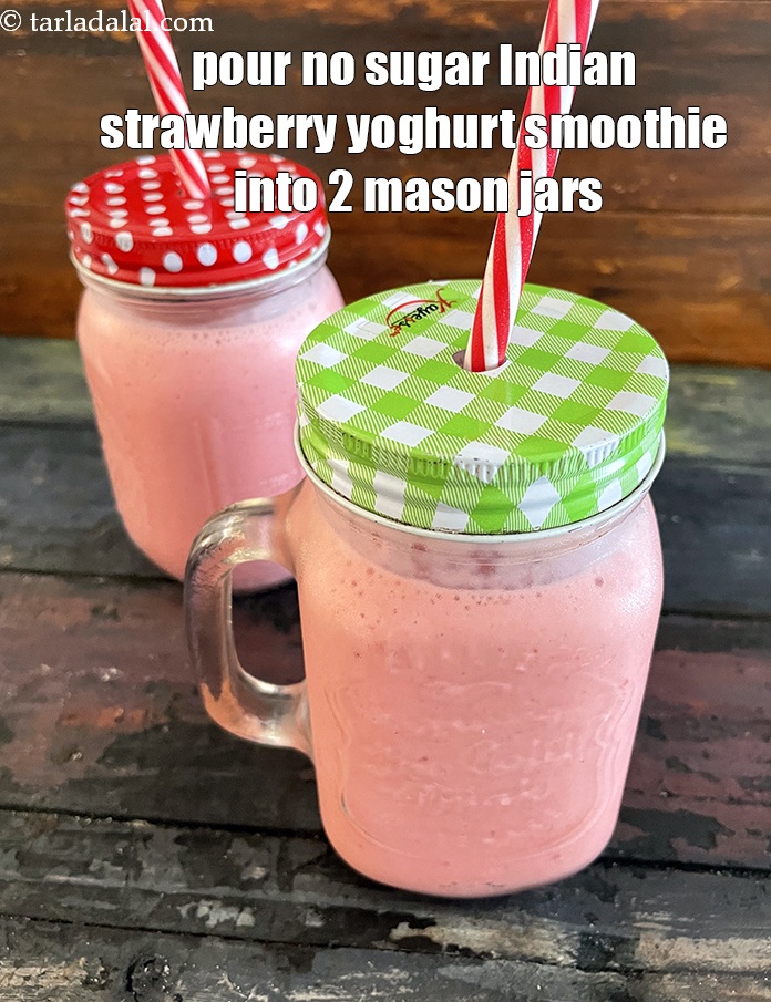 Step 12 – Pour <strong>healthy no sugar Indian strawberry smoothie</strong>&nbsp;into 2 tall mason jars.