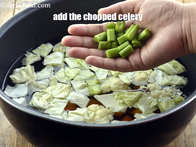 Step 7 – Add the celery to the <strong>basic vegetable stock</strong>. This is like a crucial flavoring agent …