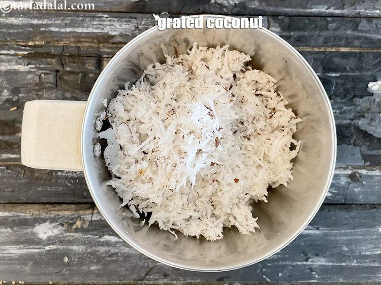 Step 13 – In a mixer put&nbsp;<meta charset="UTF-8" />3/4 cup&nbsp;<a href="glossary-grated-coconut-852i">grated coconut</a>.