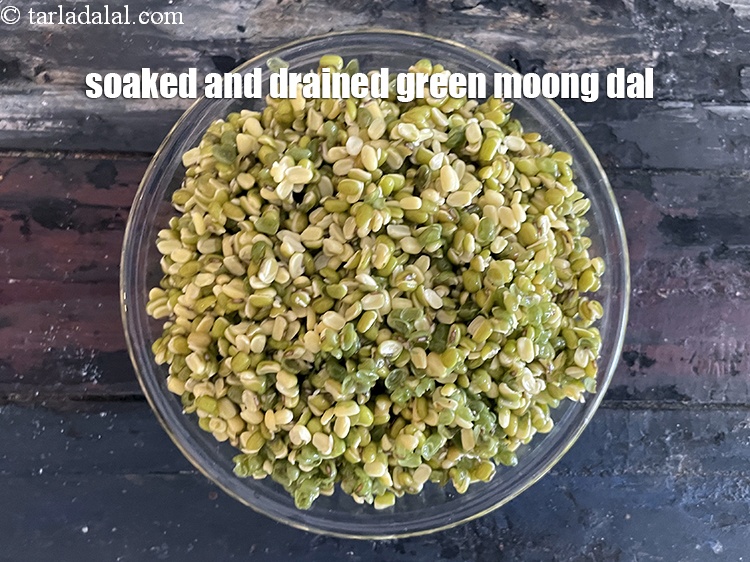 Step 11 – Soaked and drained moong dal. <strong>One cup moong dal after soaking gives 2 1/2&nbsp;cups.</strong>