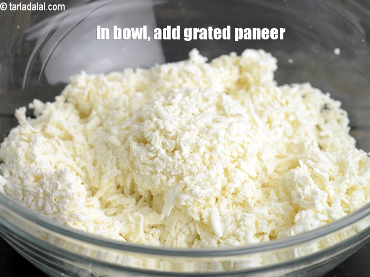 Step 11 – <meta charset="UTF-8" />In a deep bowl 1 cup&nbsp;<a href="https://www.tarladalal.com/glossary-grated-panee-1003i">grated paneer (cottage cheese)</a>.