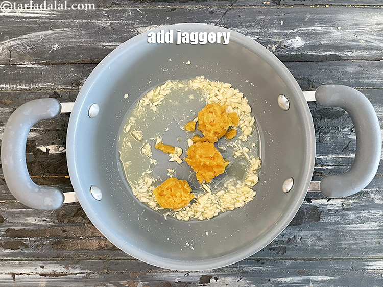 Step 14 – Switch off the flame, add&nbsp;3 tbsp&nbsp;<a href="https://www.tarladalal.com/glossary-grated-jaggery-947i">grated jaggery (gur)</a>. <strong>NOTE : i suggest adding 4 …