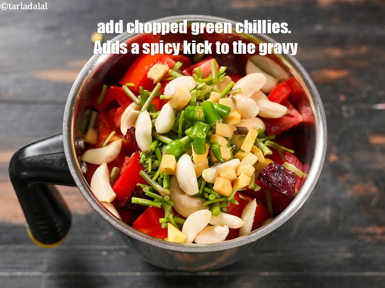 Step 10 – Add 1 tsp&nbsp;<a href="https://www.tarladalal.com/glossary-chopped-green-chilli-820i">chopped green chillies</a>. Adds a spicy kick to the gravy.