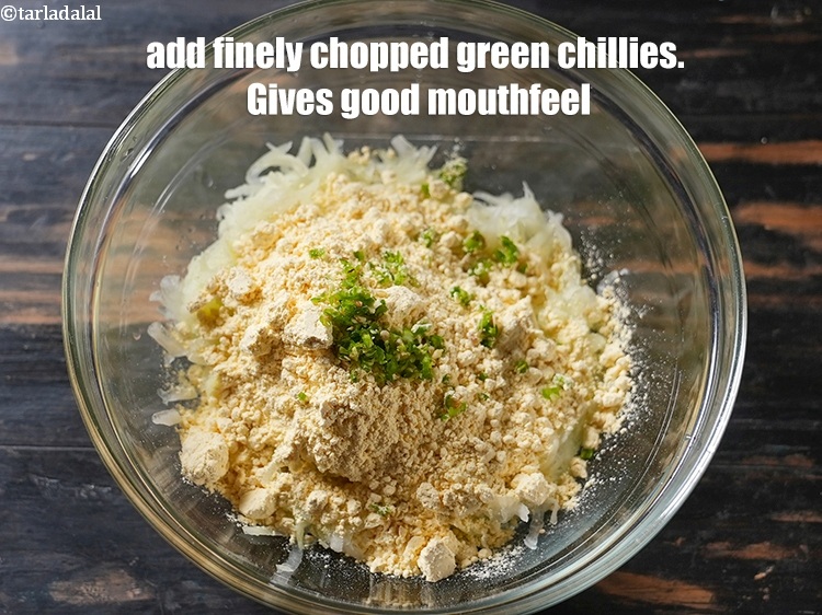 Step 10 – Add 1 tsp finely <a href="https://www.tarladalal.com/glossary-chopped-green-chilli-820i">chopped green chillies</a>. Gives good mouthfeel.
