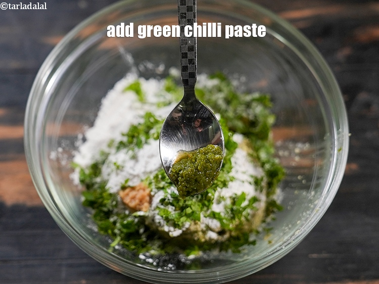Step 10 – Add 1/2 tsp <a href="https://www.tarladalal.com/glossary-green-chilli-paste-hari-mirch-ki-paste-mirchi-paste-333i">green chilli paste</a>.