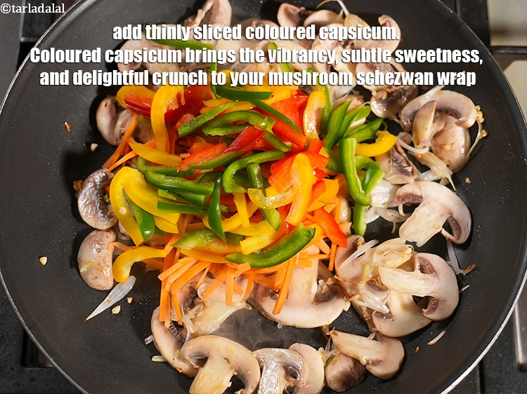 Step 10 – Add &frac34; cup thinly <a href="https://www.tarladalal.com/glossary-sliced-coloured-capsicum-2803i">sliced coloured capsicum</a>. Coloured capsicum brings the vibrancy, subtle sweetness, …