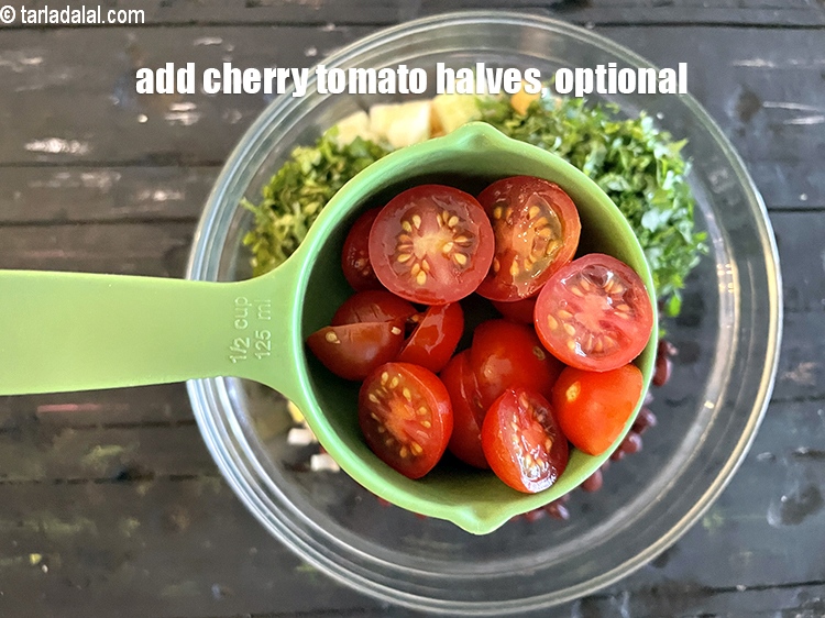 Step 13 – Add 1/4 cup cherry tomato halves.