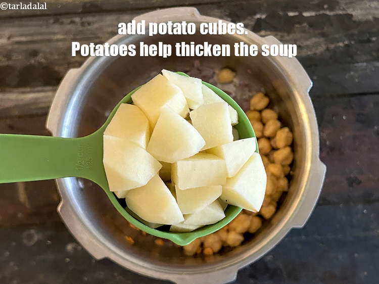 Step 13 – Add&nbsp;<meta charset="UTF-8" />1/2 cup&nbsp;peeled&nbsp;<a href="glossary-potato-cubes-725i">potato cubes</a>. Potato cubes help to thicken the soup, giving it …