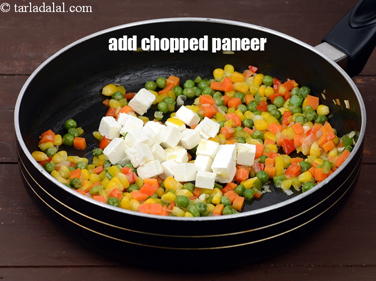 Step 9 – Add 3/4 cup&nbsp;<a href="https://tarladalal.com/glossary-chopped-paneer-995i">chopped paneer (cottage cheese)</a>.&nbsp;