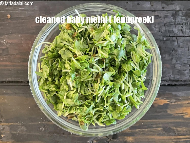 Step 10 – Remove baby methi from water. Chopped and cleaned baby methi.
